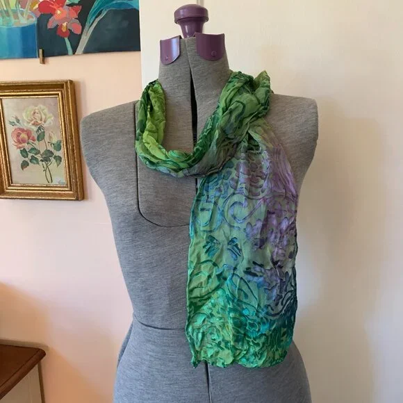 VTG Hand Dyed Silk Neck Scarf Hand Rolled Burnout Satin Teal Green Watercolor - Picture 2 of 5